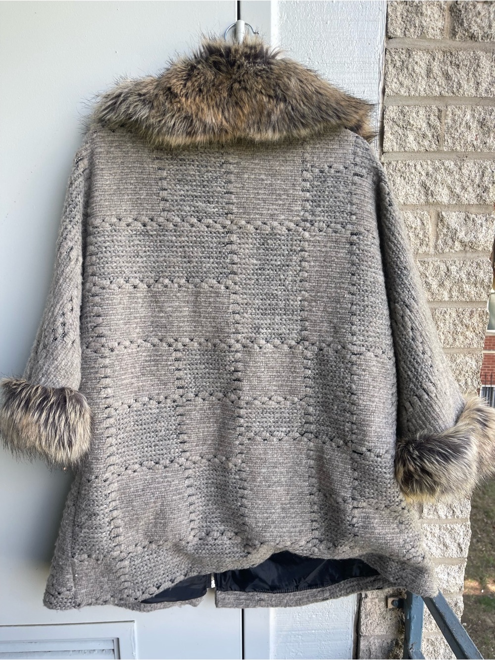 Taupe Knit Zip-Front merino wool Women's Sweater Cape with Faux Fur Trim - Picture 3 of 6